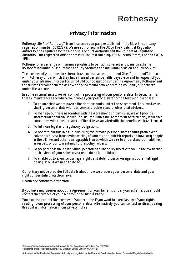 Rothesay Life Data Privacy Information, May 2023