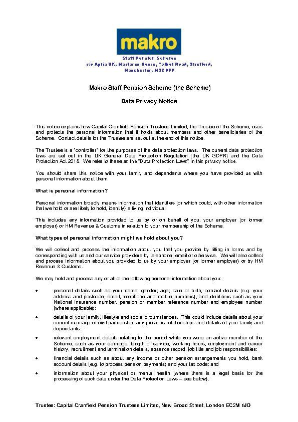 Data Privacy Notice April 2025 - MAKRO UK Staff Pension Scheme
