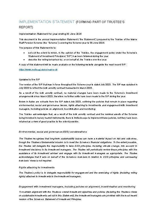 Implementation Statement 30 June 2025 - MAKRO UK Staff Pension Scheme (English)